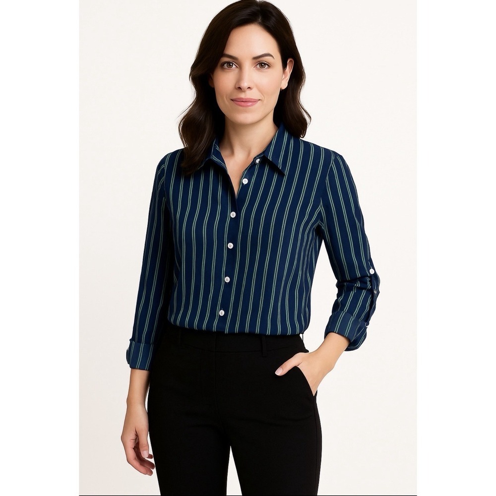 Susan Graver Women's Striped Button Front Roll Tab Sleeve Blouse Top Size SP